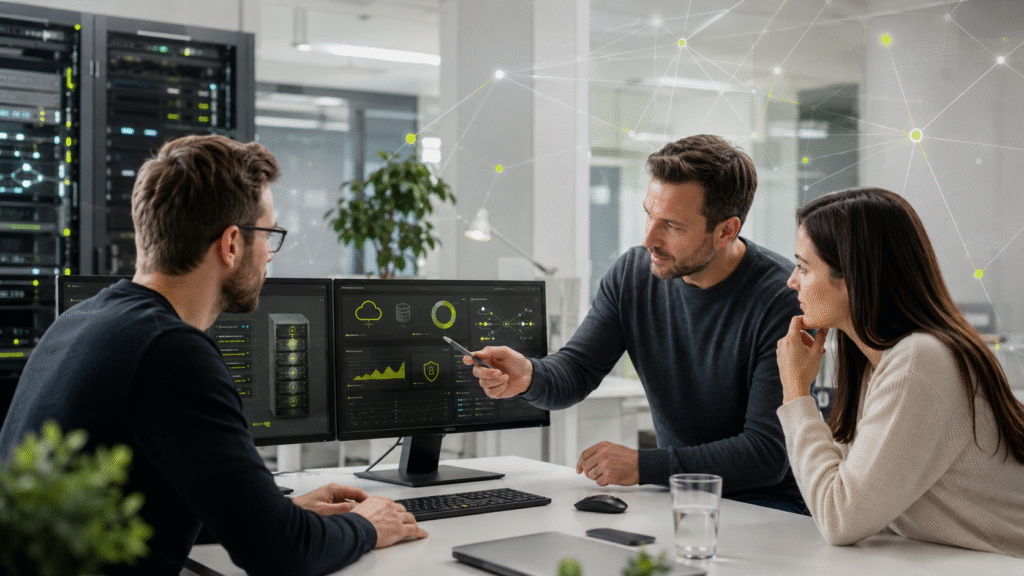 IT-Experten besprechen Netzwerk-Monitoring und Cloud-Sicherheit im Serverraum – IT-Outtasking und Managed Services