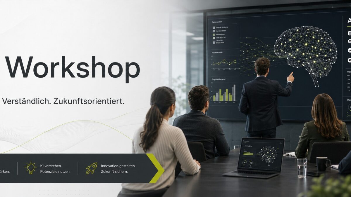 KI-Workshop für Unternehmen: Mitarbeiter analysieren KI-Datenvisualisierung und Kennzahlen im Meetingraum – Power Networks