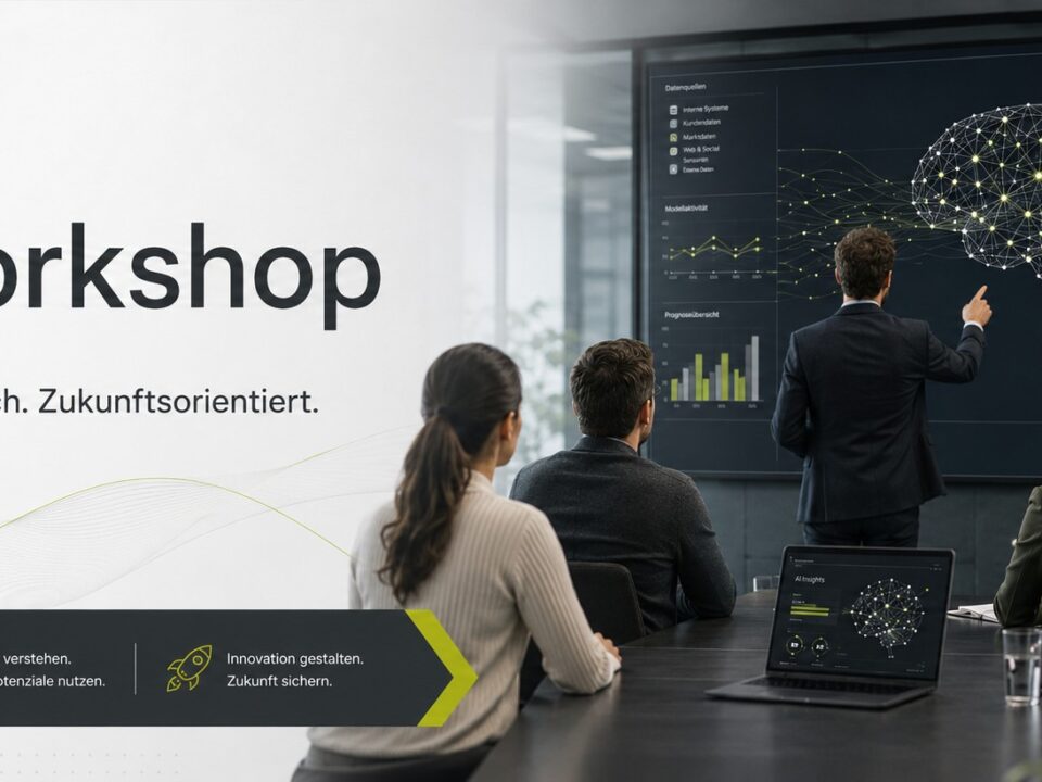 KI-Workshop für Unternehmen: Mitarbeiter analysieren KI-Datenvisualisierung und Kennzahlen im Meetingraum – Power Networks