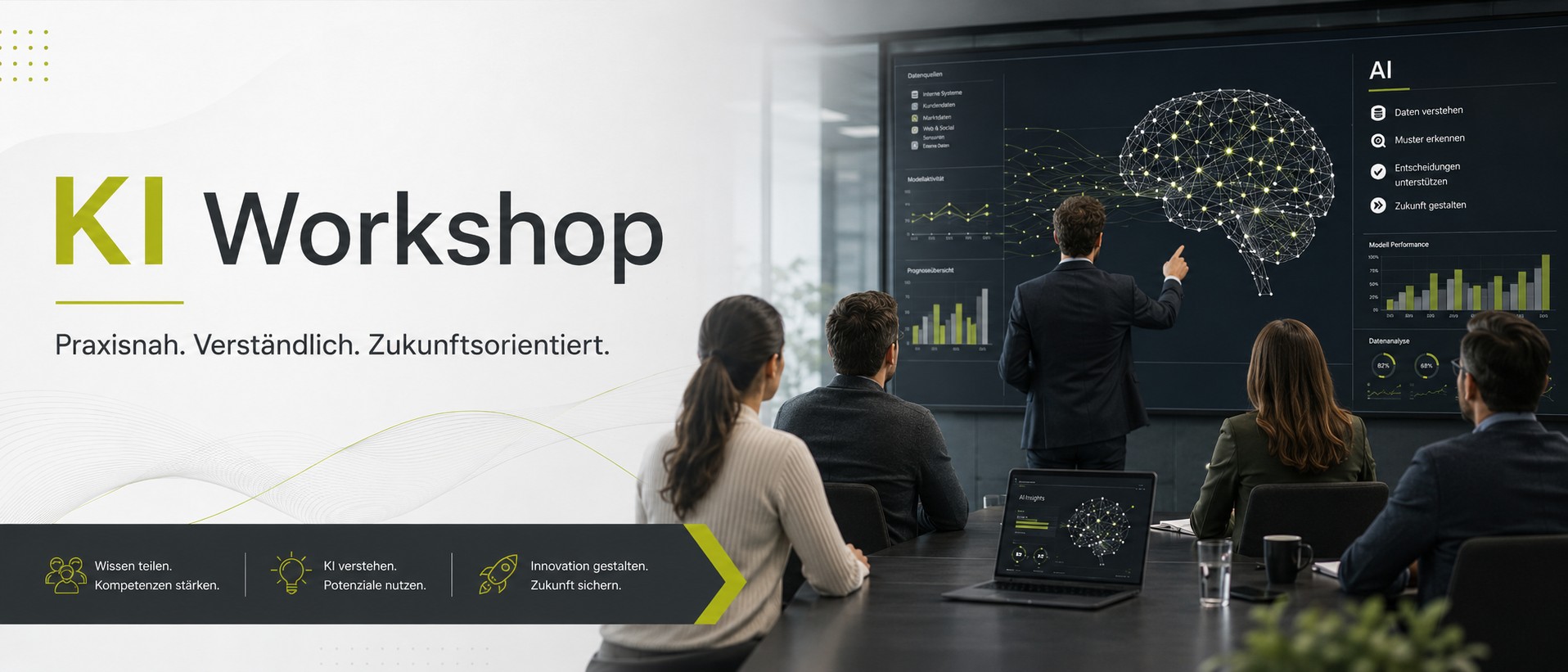 KI-Workshop für Unternehmen: Mitarbeiter analysieren KI-Datenvisualisierung und Kennzahlen im Meetingraum – Power Networks